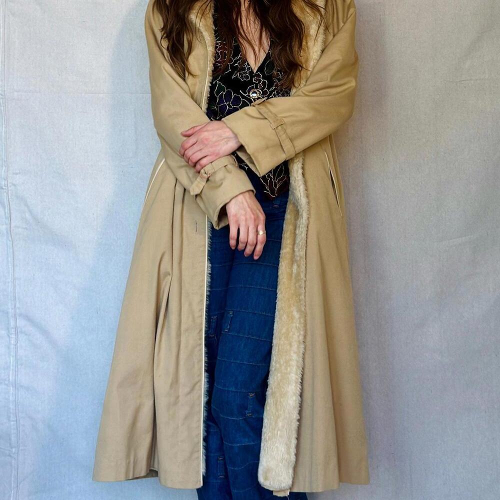 70s Tan Faux Shearling Trench Coat